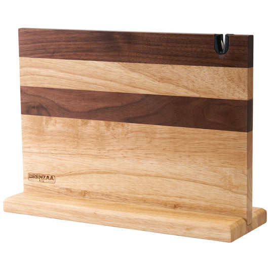 Magnetic Knife Block, Double-Sided Knife Holder 14x10 Inch for Kitchen Counter, Walnut and Rubber Wood Knife Stand with Strong Magnets and Bonus Knife Sharpener