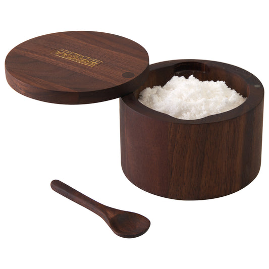 Walnut Wood Salt Box with Spoon, 6oz Magnetic Lid Salt Cellar by BRENZAA – Swivel Lid Spice Bowl for Sea Salt, Bath Salt, Herbs & Pepper