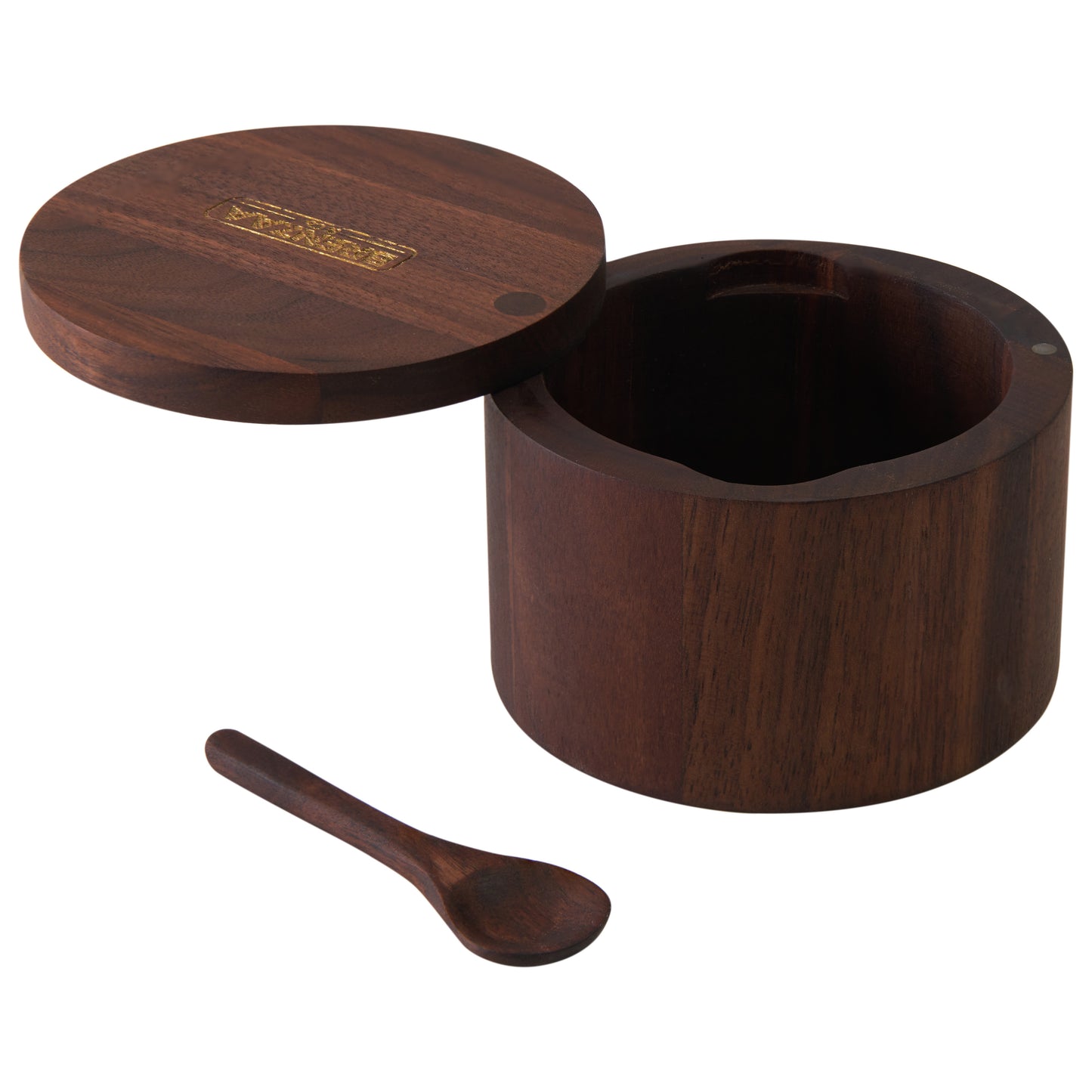 Walnut Wood Salt Box with Spoon, 6oz Magnetic Lid Salt Cellar by BRENZAA – Swivel Lid Spice Bowl for Sea Salt, Bath Salt, Herbs & Pepper