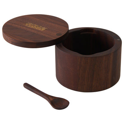 Walnut Wood Salt Box with Spoon, 6oz Magnetic Lid Salt Cellar by BRENZAA – Swivel Lid Spice Bowl for Sea Salt, Bath Salt, Herbs & Pepper